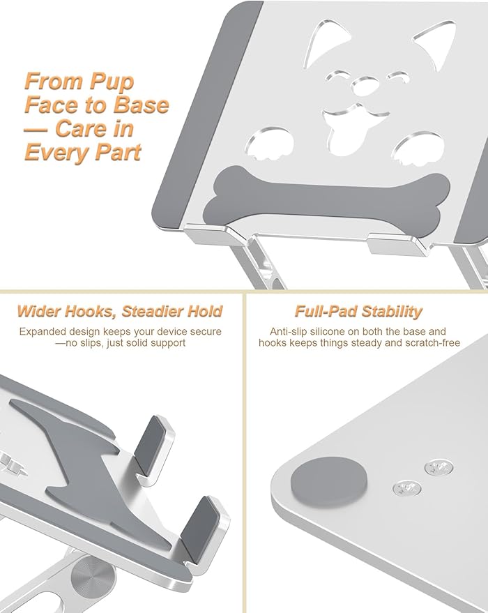 Aoviho Laptop Stand for Desk-Adjustable, Foldable, Portable, Ergonomic Aluminum Notebook Riser with Unique Puppy Cooling Vent, Desk Gift for 10"-17.3" Devices Mac, Dell, HP, Lenovo, Samsung, Silver