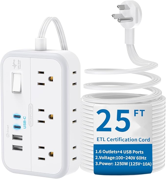 Flat Extension Cord 25 ft, NTONPOWER Power Strip with 6 Outlets 4 USB Ports(2 USB C),Flat Plug, Multiple Outlets, Mounted, Outlet Extender, Overload Protection for Indoor, Home, Office