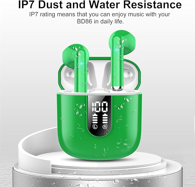 Jesebang Wireless Earbuds, Bluetooth 5.4 Headphones HiFi Stereo, Bluetooth Earbuds with ENC Noise Cancelling Mic, 36H LED Display Ear Buds, IPX7 in Ear Earphones for Phone Tablet Laptop Sports, Green