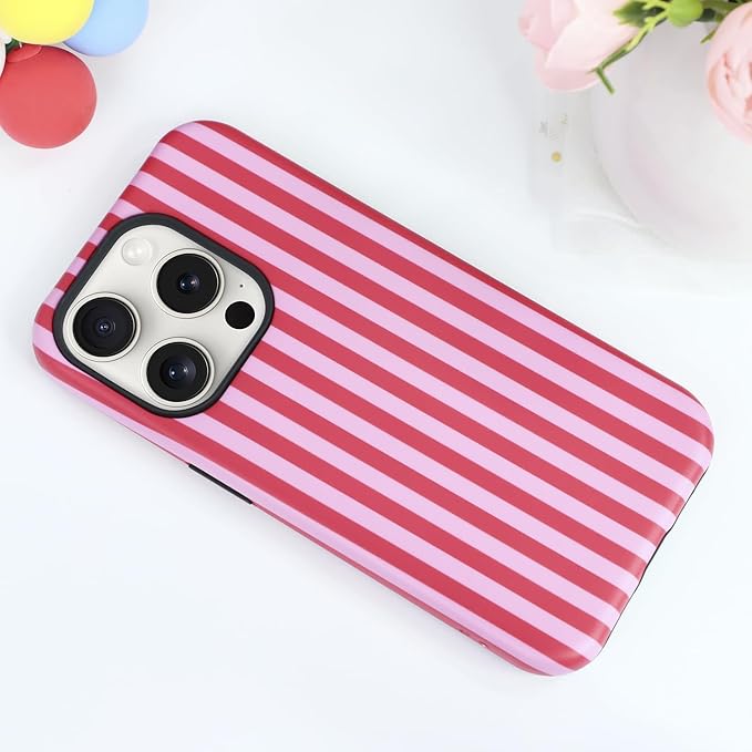 Magnetic for iPhone 15 Pro Case Cute Stripes Phone Case, Shockproof Slim TPU and Hard PC Protective Phone Cover Compatible with MagSafe Designed for Women Girls, Red and Pink