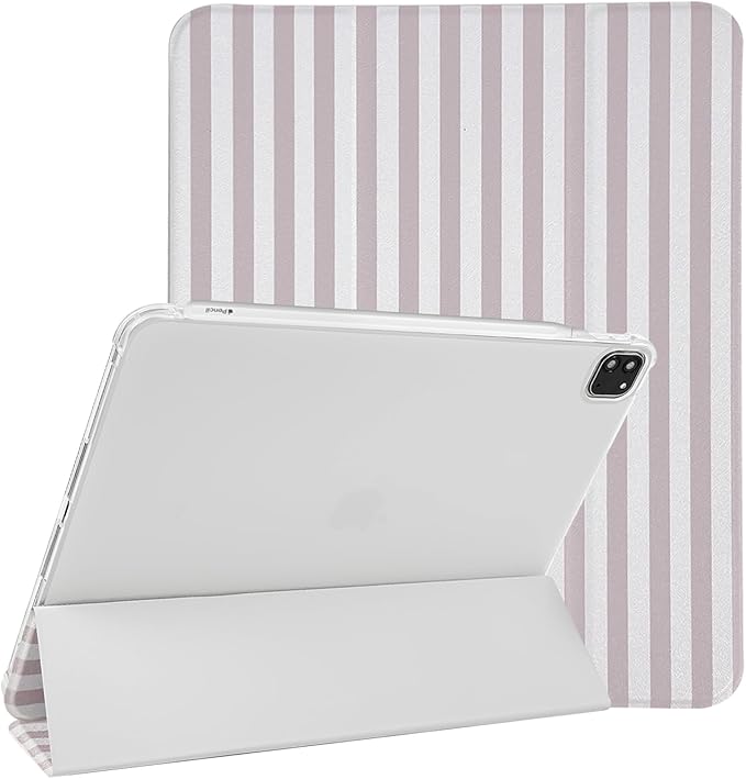 Lovmooful Compatible for iPad Pro 12.9-Inch 2022/2021/2020/2018 (6th/5th/4th/3rd Generation) Case with Pencil Holder Cute Striped with Aesthetic Design Soft TPU Trifold Stand Protective-Apricot