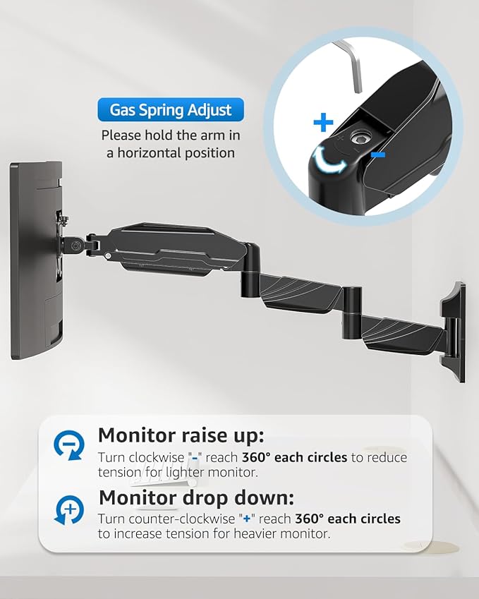 Long Arm Monitor Wall Mount for Max 32 inch Computer Screen, Extra Long Adjustable Single Wall Mount Monitor Arm, Full Motion Vesa Wall Bracket 100x100, Hold up to 17.6lbs, Black