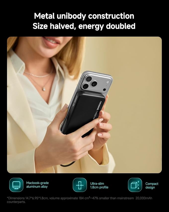 Ultra-Thin 20,000mAh Power Bank, 45W Max Fast Charging Battery Pack, Built-in USB-C Cable for iPhone 17/16 Series, Galaxy, MacBook, and More