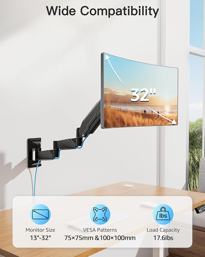 Long Arm Monitor Wall Mount for Max 32 inch Computer Screen, Extra Long Adjustable Single Wall Mount Monitor Arm, Full Motion Vesa Wall Bracket 100x100, Hold up to 17.6lbs, Black
