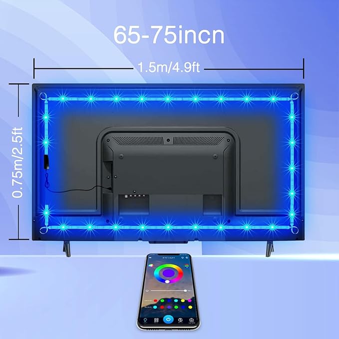 phopollo LED Lights for TV, 15Ft TV LED Backlight, Bluetooth Color Changing LED Strip Lights for TV 65-75 inch, App Control, USB Powered