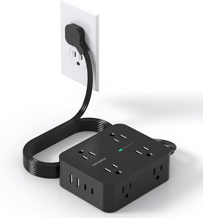 Power Strip Surge Protector, HANYCONY 5Ft Ultra Thin Flat Extension Cord with Multiple Outlets, 8 Widely Outlet Extender 4 USB Ports(2 USB C), 1080J Wall Mount for College Dorm Room Essentials Black