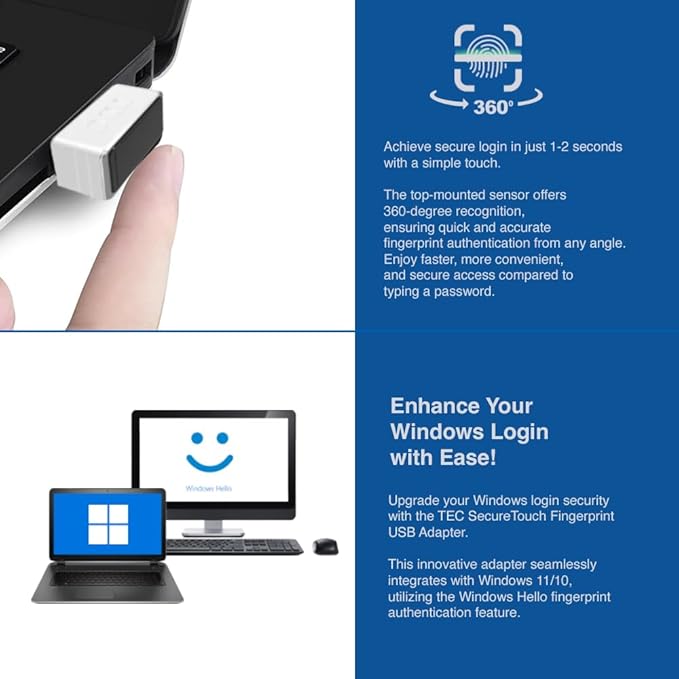 TEC SecureTouch TE-FPA4-MC USB Fingerprint Reader with ESS Enhanced Sign-in Security – Match-On-Chip Encryption, 360° Biometric Sensor, 0.23s Fast Login, Password-Free Windows Hello PC Sign-in
