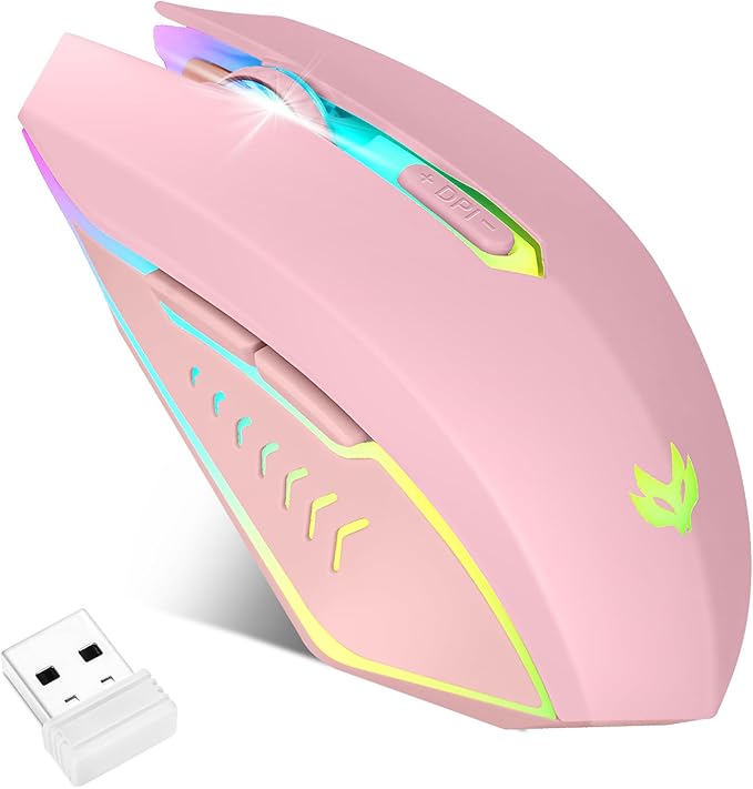 Wireless Gaming Mouse, Rechargeable Computer Mouse, 7-Color LED Light, Ergonomic Mouse with 6 Silent Click Buttons, 3 Adjustable 2400 DPI Wireless Mouse for Laptop,PC,Mac, Pink