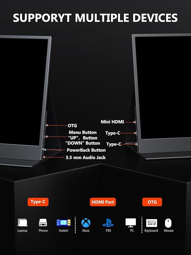 4K Portable Monitor, 13.3" UHD IPS Portable Laptop Screen, Second Screen Dual USB C HDMI Computer Gaming Display with Speakers, Travel Monitor for PC Phone PS4/5 Xbox Switch