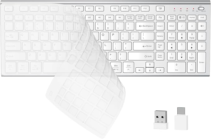 FENIFOX Wireless Silent Keyboard, Ultra Quiet USB C Low Profile Compact Full Size with Number Pad Flat Slim Thin Soft Touch for Mac Computer MacBook iMac PC Laptop Desktop Office (White and Silver)