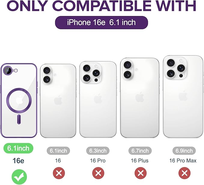 Hython Magnetic Clear for iPhone 16e Case with Camera Lens Protector [Compatible with MagSafe] Luxury Plating Edge Slim Soft TPU Cover Protective Phone Case for iPhone 16e 6.1", Matte Purple