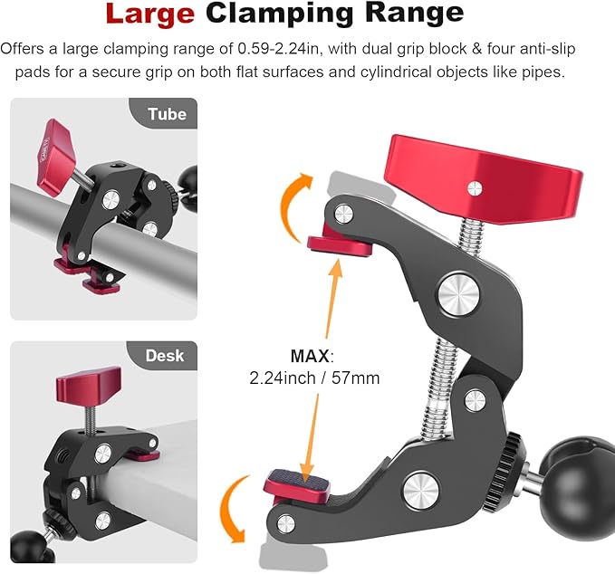 Super Clamp with Dual Ballhead Magic Arm, Aluminum Camera Clamp Mount Kit for DSLR Action Camera/Phone/Monitor/Video Light/Microphone, Camera Mount for Tripod/Desk/Tube (SY006)