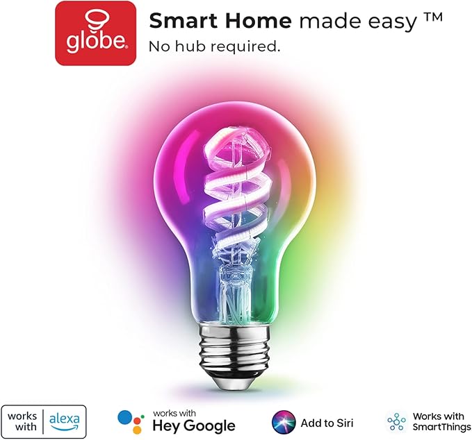 Globe Electric 35850 Wi-Fi Smart 7W (40W Equivalent) Spiral Filament Multicolor Changing LED Light Bulb, No Hub Required, Voice Activated, 2000K - 5000K, A19 Shape, E26 Base, Vintage Edison