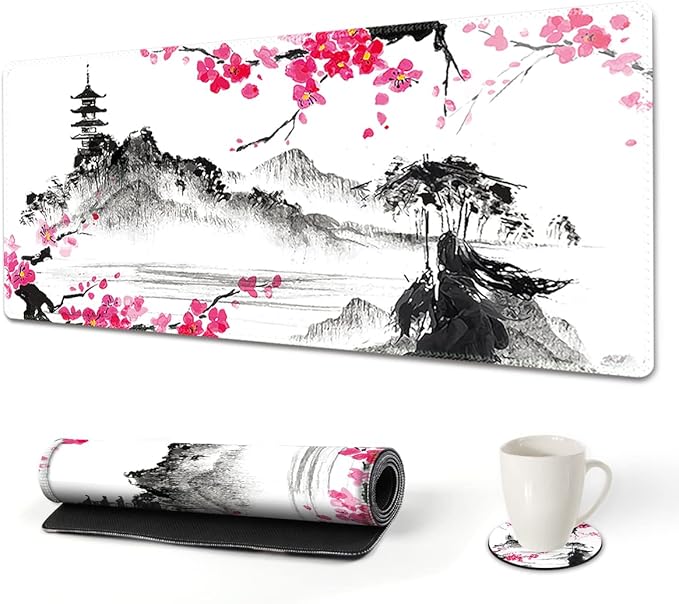 AIMSA Extended Gaming Mouse Pad, XL Large Keyboard Mouse Mat Desk Pad with Stitched Edges, Durable Non-Slip Base Landscape Mousepad for Home Office, Mountain Sakura Ink Painting