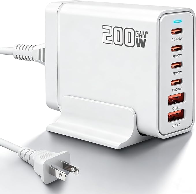 200W USB C Fast Charger, GaN Ⅲ PD 100W Charging Station, Upgraded 6-Port USB-C Fast Charging, Adapter for iPad iPhone 17 16 15 14 12, MacBook Pro, Samsung Galaxy
