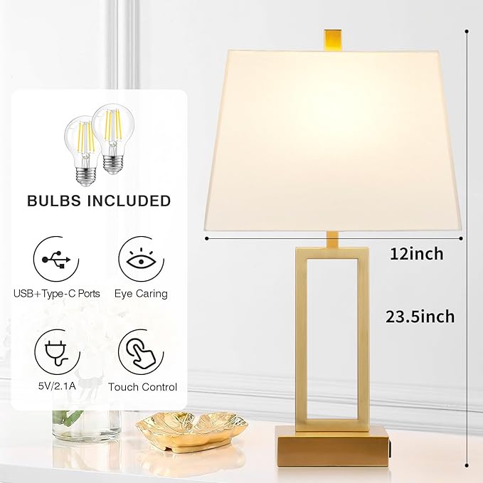 Rinweey 23.5" Touch Control Table Lamps Set of 2, Modern Gold Bedside Lamps with USB A+C Ports & AC Outlet, 3 Way Dimmable Contemporary Nightstand Lamps for Bedroom Living Room(2 LED Bulb Included)