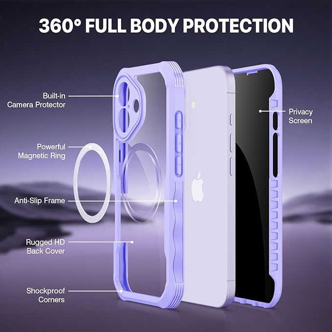 CENHUFO Magnetic Privacy for iPhone 17 Case [Compatible with Magsafe] Full Body Phone Case Built-in 9H Tempered Glass Screen Protector Camera Protection Shockproof Bumper Cover -Light Purple