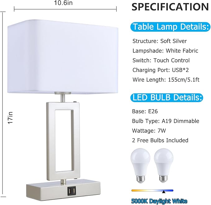 BrightWe Table Lamp Set of 2 Lamps for Bedroom, Touch Control Table Lamps with 2 USB Ports, 3-Way Dimmable Bedside Nightstand Lamps, Silver&White Lamp for End Table Living Room Modern