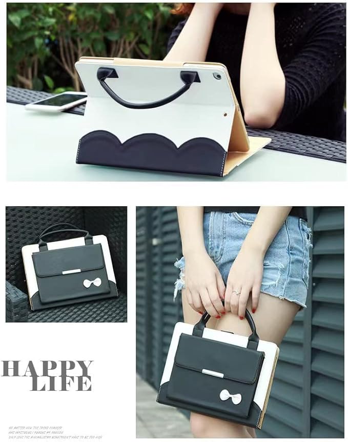 Cute Case for iPad 9th Generation 2021 / iPad 8th 7th Gen/iPad 10.2 Inch, Slim Handbag Leather Protective Cover with Stand Hand Strap Pocket for Girls Woman Kids for iPad 9 8 7,Black