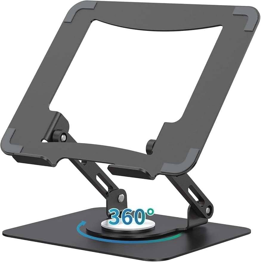 SOUNDANCE 360 Rotating Laptop Stand, Ergonomic Computer Riser for Desk, Adjustable Height Multi-Angle Metal Holder, Foldable Portable Notebook Elevating Base for Office & Home, Black