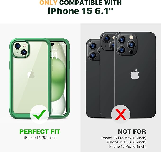 Diaclara Designed for iPhone 15 Case, Full Body Rugged Case with Built-in Touch Sensitive Anti-Scratch Screen Protector, with Camera Lens Protector for iPhone 15 6.1" (Green)