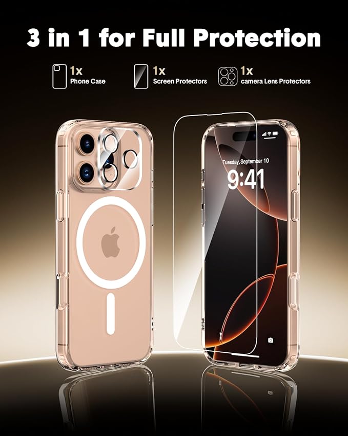 for iPhone 16 Pro Case,Compatible with MagSafe,Magnetic Slim Cover,Anti-Yellowing & Shockproof,Full Camera Protection,Includes Screen & Lens Protectors,Clear Protective Case