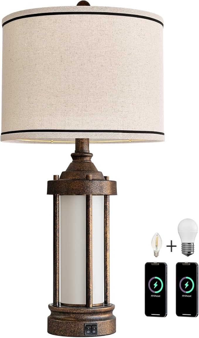 G-SAFAVA 25'' Table Lamp for Living Room Bedroom Farmhouse Metal Lamps with 2 USB Ports, Built-in Frosted Glass Night Light Vintage Industrial Nightstand Bedside End Lamp, 2 Bulbs Included, Bronze