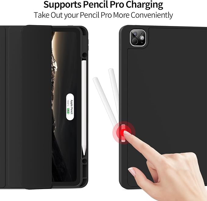 for iPad Pro 13 inch Case (M5/M4) 2025/2024, Slim Protective Cover with Pencil Holder, Soft TPU Back Cover, Trifold Stand, Auto Wake/Sleep, A2925 A2926 A3007 A3362 A3359 (Black)