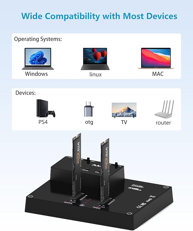 MAIWO K3015P Portable Dual Bay M.2 NVME Docking Station, Tool-Free Type-C10Gbps NVME SSD External Enclosure, with Offline Clone duplicator and System Copy Function.