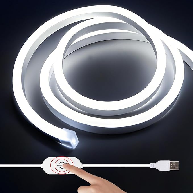16.4FT White Neon Light Strip Waterproof, 5V USB White Led Strip Lights with Touch Controller,Cuttable Flexible Silicone Neon Rope Light for Bedroom, Party, Home Decor, Poster Lights