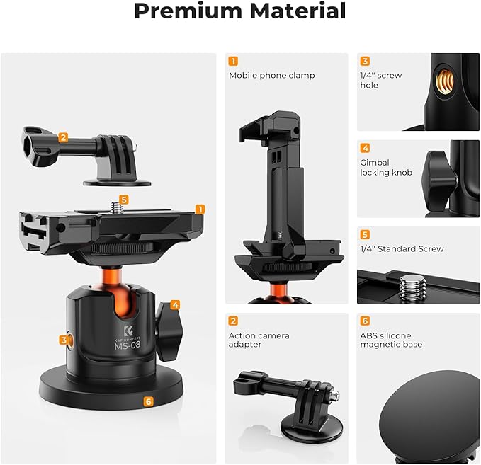 K&F CONCEPT Magnetic Camera Mount for GoPro Hero 13/12/11/10/9 Black, DJI Osmo Action 5 Pro/4/3/2/6, Insta360 X5/X4, 360° Ball Head Mount for Car, Steel, Magnetic Surface Attaching, Phone Mount Holder