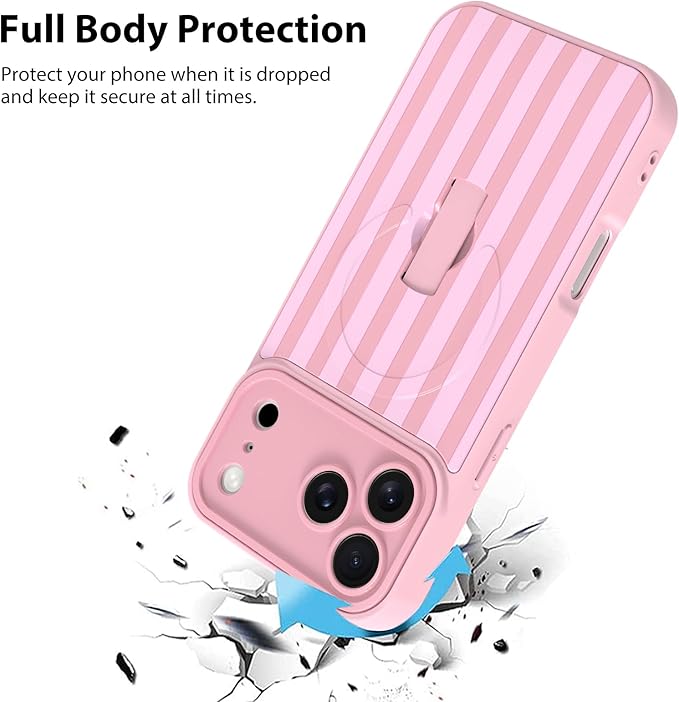 KANGHAR Compatible with iPhone 17 Pro Max Case, Support for MagSafe, Silicone Stripes Cute Pattern, Wristband Kickstand Camera Protection Soft Slim Cover for Girls Women -Pink