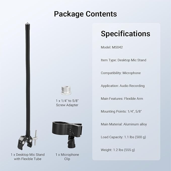 NEEWER Desktop Microphone Stand with Flexible Arm, Adjustable Desk Mic Clamp Holder Mount with Clip & 1/4" to 5/8" Adapter Compatible with Shure Razer Seiren Mini Audio Technica AT2020, MS042
