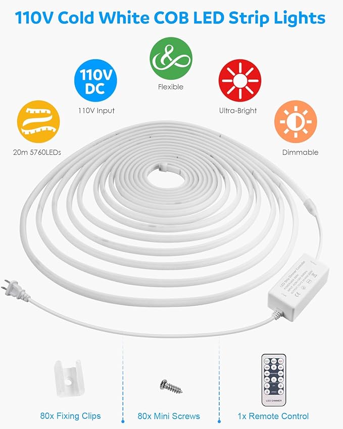 Aclorol AC 100-120V 65.6FT White COB LED Strip Lights Outdoor Waterproof Dimmable COB Light Strip Cold White 6000K Plug and Play for Commercial Building Lighting 288Leds/M with Remote Control