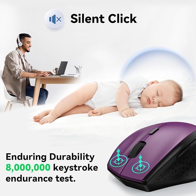 TECKNET Wireless Mouse, 2.4G USB Computer Mouse with 6-Level Adjustable 4800 DPI, 30 Months Battery, Ergonomic Grips, 6 Buttons Portable for PC, Chromebook, Mac - Purple