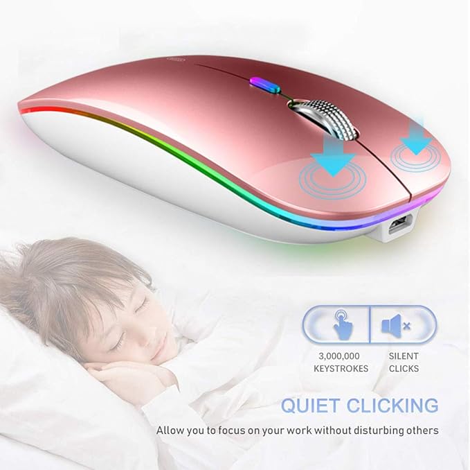 TENMOS Wireless Bluetooth Mouse, LED Slim (BT 5.1 + USB) 2.4GHz Rechargeable Silent Mouse with Type C Adapter for Laptop/MacBook/iPad OS 13 and Above (Rose Gold)