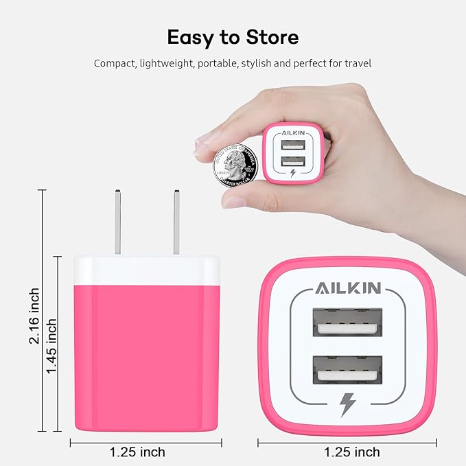 AILKIN 2 Pack Dual USB Wall Chargers, 2.1A, Compatible with iPhone, Samsung, LG, Moto, Kindle, Fast Charging, UL Certified