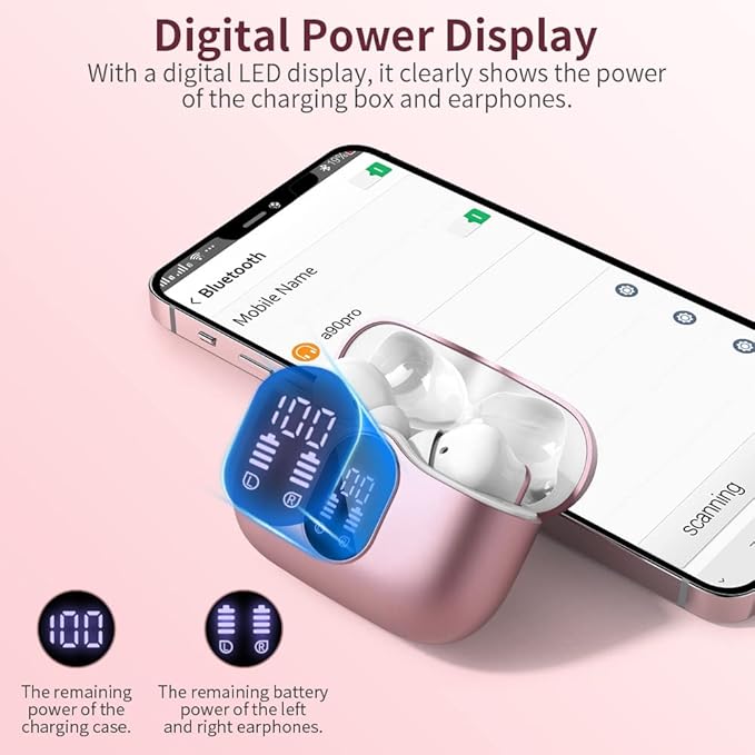 Wireless Earbuds Bluetooth 5.3 Headphones Bass Stereo Ear Buds with Noise Cancelling Mic LED Display in Ear Earphones IP7 Waterproof 36H Playtime for Laptop Pad Phones Sports Workout Pink Gold