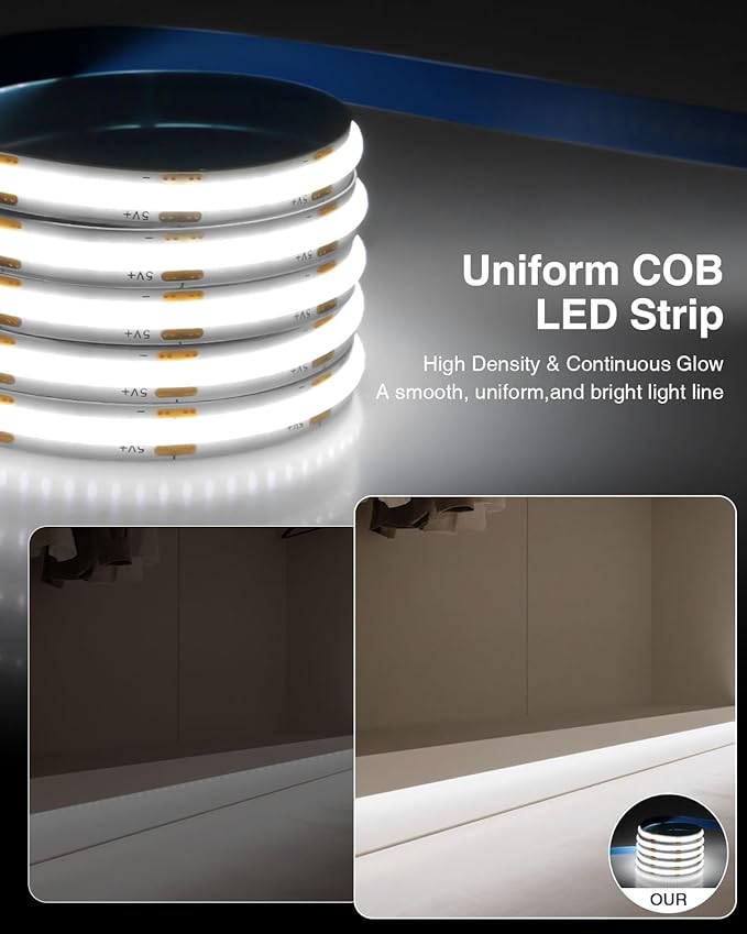 Aclorol COB LED Strip Lights 5V Cold White 6000K 3FT LED Light Strip High Density and Bright Under Cabinet Tape Light for Bedroom Bedframe Kitchen Sideboard Lighting Project 320LEDs/M (2 Pack)