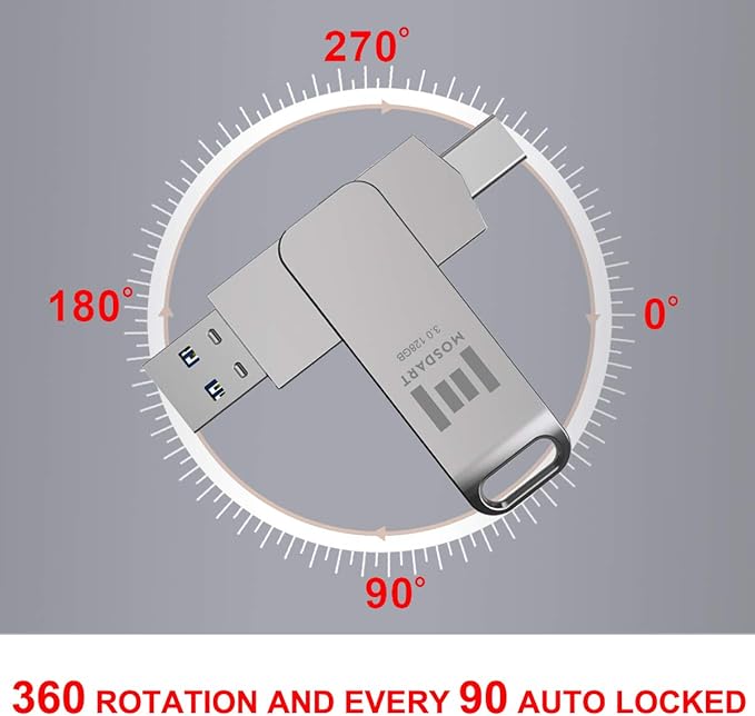 MOSDART 128GB USB C 3.2 Fast Speed C and A Dual Flash Drive, exFAT Memory Stick with Keychain Loop, for iPhone 15,16,17, Android Phone, iPad, MacBook, Silver(Pack of 2)