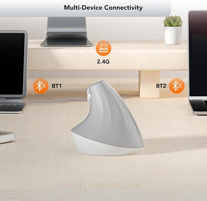 KYSONA EM18 Wireless Ergonomic Vertical Mouse, Ergo Design, Bluetooth Cordless Mouse for Medium/Large Hands, Silent Click, 5-Level Adjustable DPI, Carpal Tunnel Mice for Computer/PC/Mac/Laptop, White