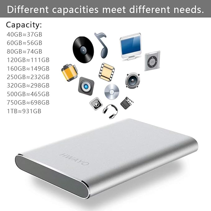 HWAYO 750GB Portable External Hard Drive, USB3.1 Gen 1 Type C Ultra Slim 2.5'' HDD Storage Compatible for PC, Desktop, Laptop, Mac, Xbox One (Silver)