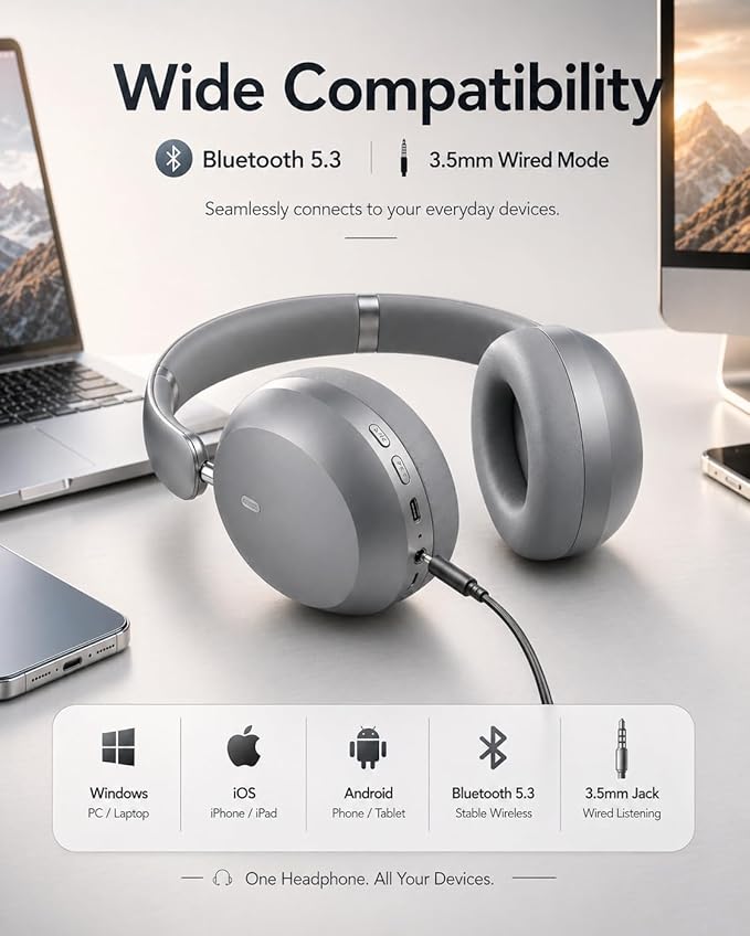 Wentronic Y05 Bluetooth Over-Ear Headphones with Active Noise Cancelling, Hi-Res Audio, 48H Playtime, Built-in Mic, Wired/Wireless, Works with iOS, Android & PC, Grey
