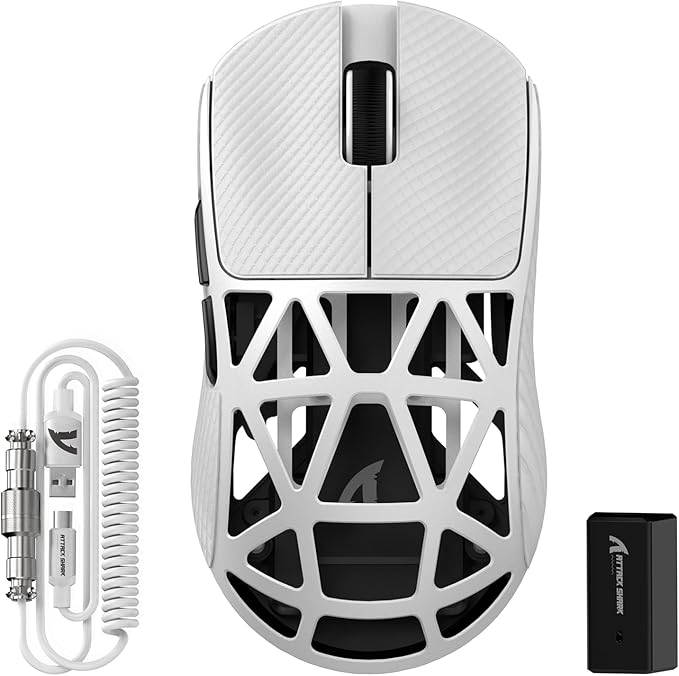 ATTACK SHARK R2PRO 45g Superlight Magnesium Alloy Mouse, PixArt PAW3950 Sensor, 42000DPI, 8000Hz Wireless Polling Rate, 2.4G/BT/Wired Gaming Mouse, Programmable Mice with Coiled Cable, PC/Mac, White