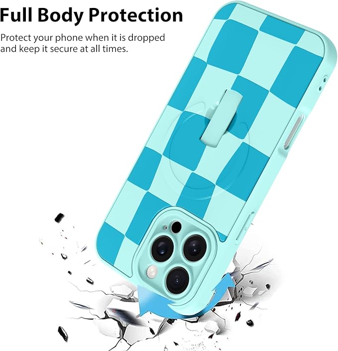 KANGHAR Compatible with iPhone 16 Pro Case, Support for MagSafe, Silicone Checkered Cute Pattern, Wristband Kickstand Camera Protection Soft Slim Cover for Girls Women -Blue