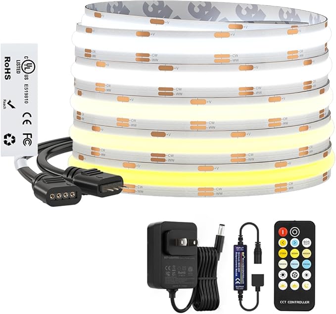 BTF-LIGHTING FCOB COB CCT 3000K-6000K Tunable White LED Strip with RF Remote,UL Listed 24V 32.8FT 640LEDs/m Super Bright Dimmable Tape Light for Bedroom Kitchen Under Cabinet Indoor Decor