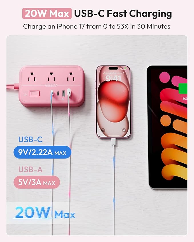 Pink Extension Cord Surge Protector Power Strip with 6 Outlets 4 USB Ports(20W), Flat Extension Cord with Multiple Outlets, 5 ft Flat Plug Outlet Extender for Indoor, Home, Office