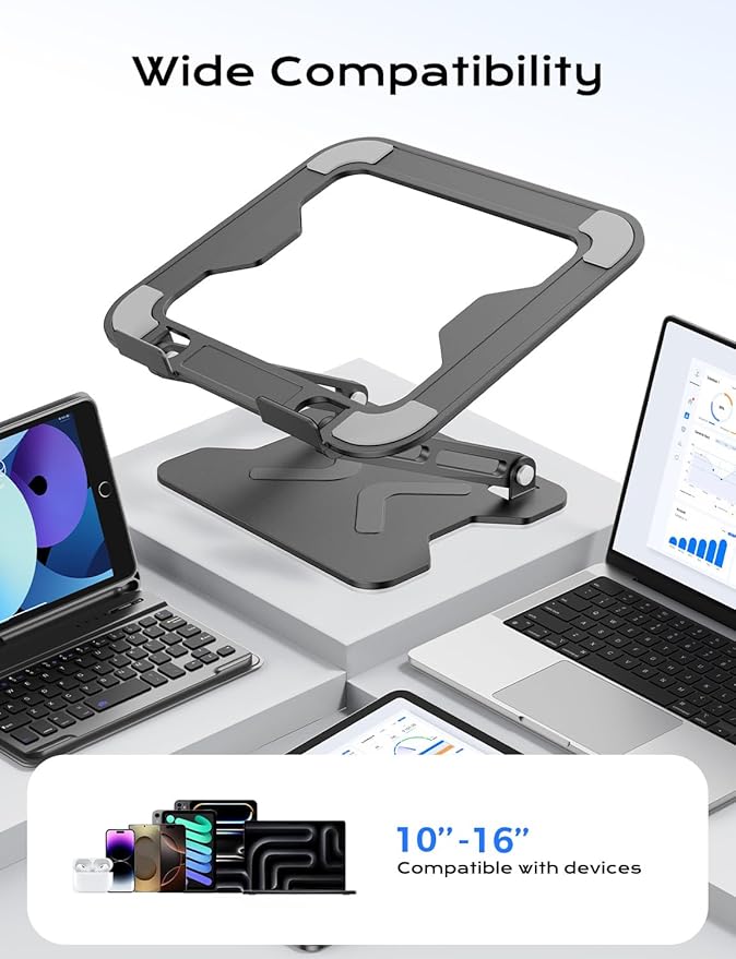 JCZT Adjustable Laptop Stand for Desk, Metal Foldable Laptop Riser, Portable Laptop Holder Mount, Ventilated Cooling Notebook Stand for MacBook Air Pro, All 10-16'' Notebooks Laptops Black