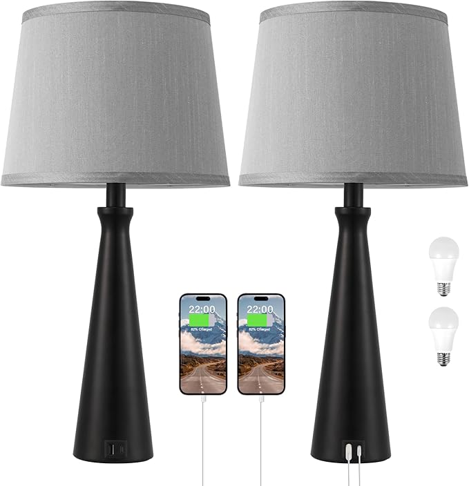 Seealle Modern Table Lamps Set of 2 - Touch Bedside Lamp for Nightstand with Dual USB C+A,3-Way Dimmable Nightstand Lamps for Living Room Bedroom End Table with Grey Shade(Bulb Included)