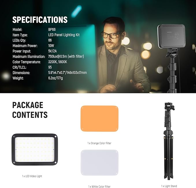 NEEWER Basics LED Video Light Panel Lighting Kit, Bi Color Dimmable Portable Studio Lights with Tripod Stand & Filters, 3200K~5600K CRI 95 750lux for Photography Video Recording Live Streaming, BP66